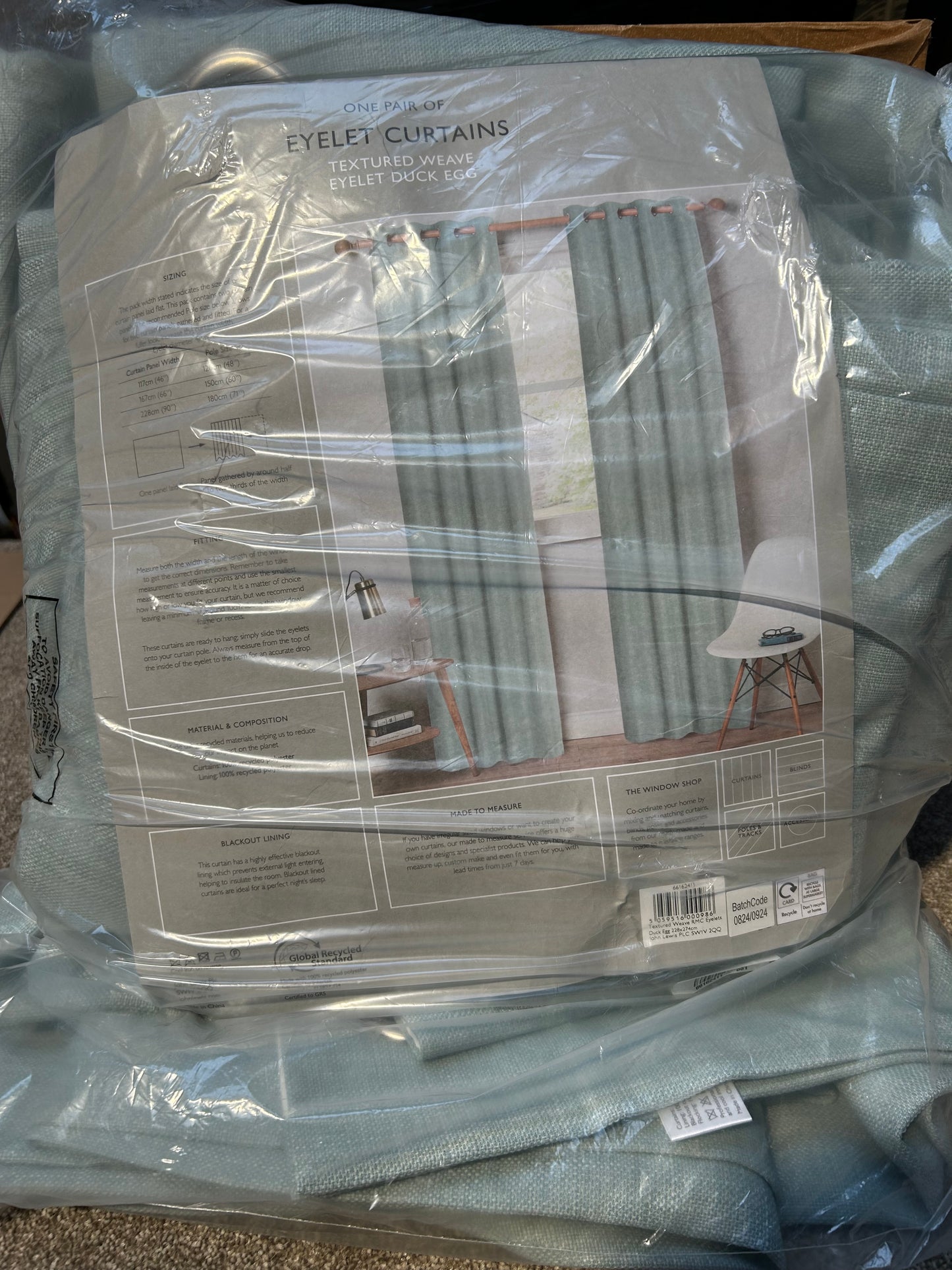 John Lewis Textured Weave Pair Blackout Lined Eyelet Curtains, Duck Egg, W228 x Drop 274cm