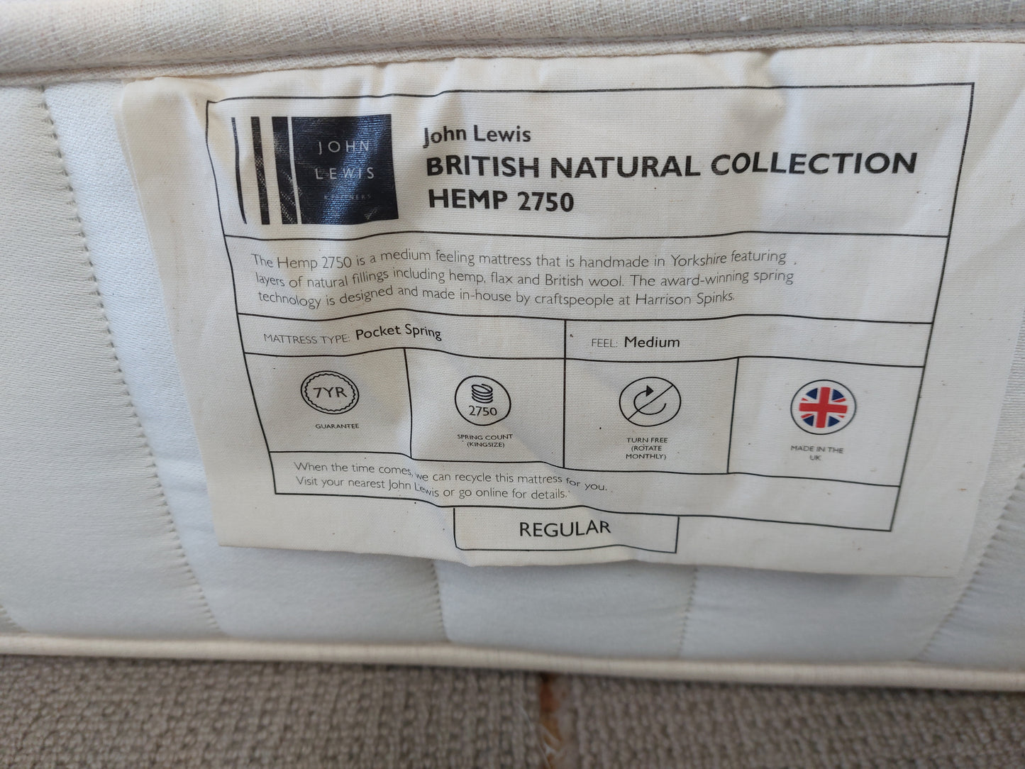 John Lewis British Natural Hemp 2750 Mattress, Regular Tension, King Size