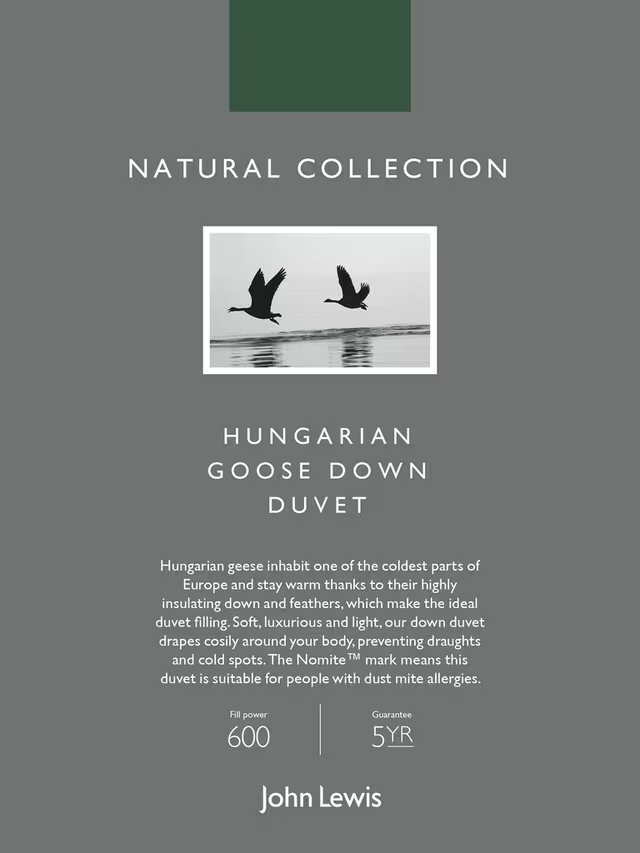 John Lewis Natural Collection Hungarian Goose Down Duvet, 13.5 Tog, Single