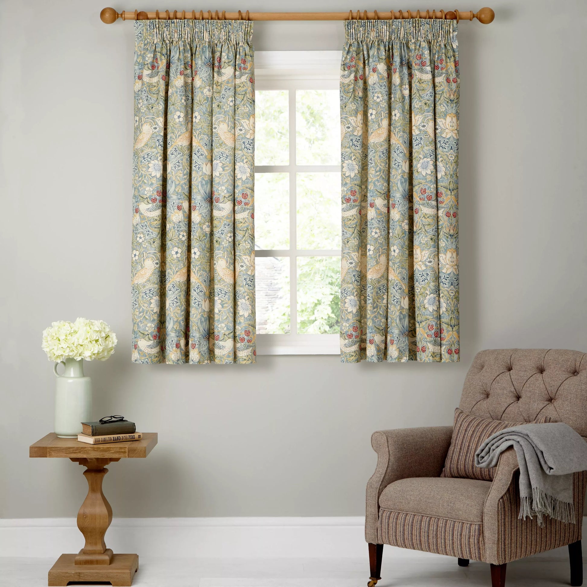 Morris & Co. Strawberry Thief Pair Lined Pencil Pleat Curtains, Duck Egg, W228 x Drop 274cm