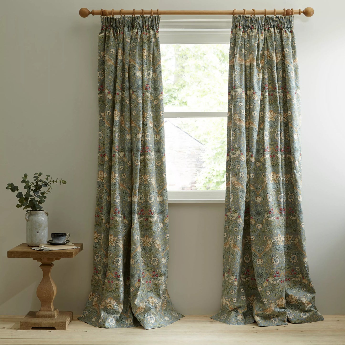 Morris & Co. Strawberry Thief Pair Lined Pencil Pleat Curtains, Duck Egg, W228 x Drop 274cm