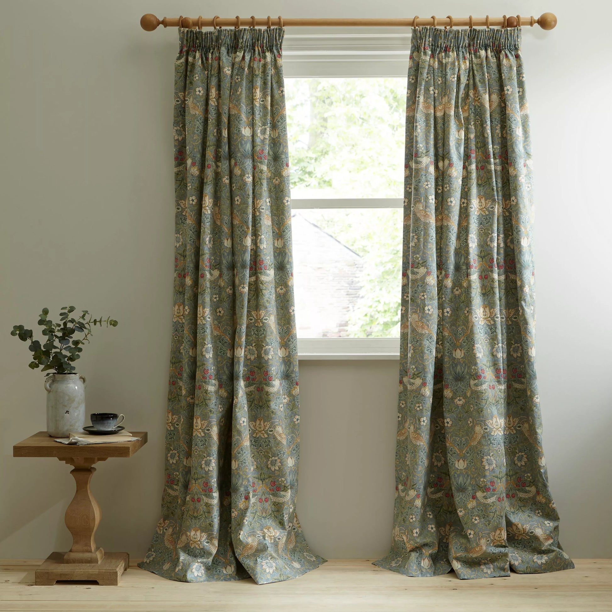 Morris & Co. Strawberry Thief Pair Lined Pencil Pleat Curtains, Duck Egg, W228 x Drop 274cm