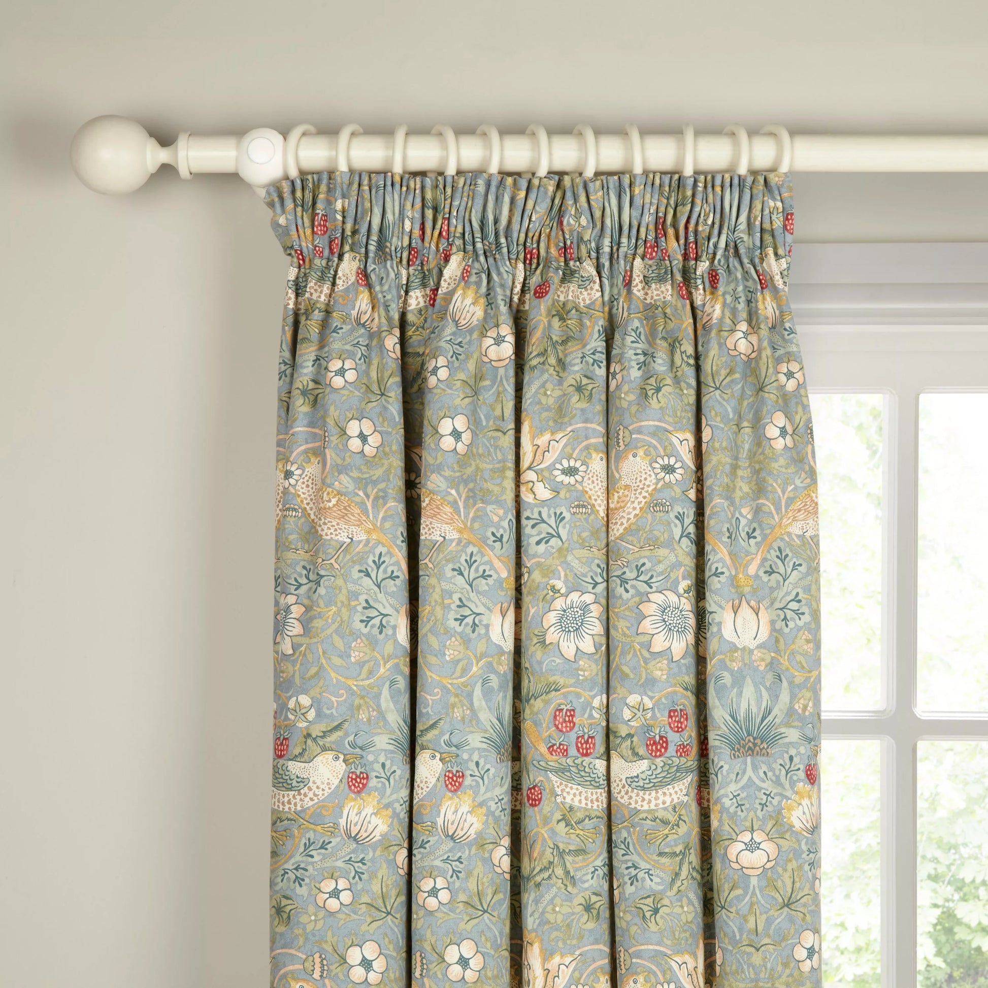 Morris & Co. Strawberry Thief Pair Lined Pencil Pleat Curtains, Duck Egg, W228 x Drop 274cm