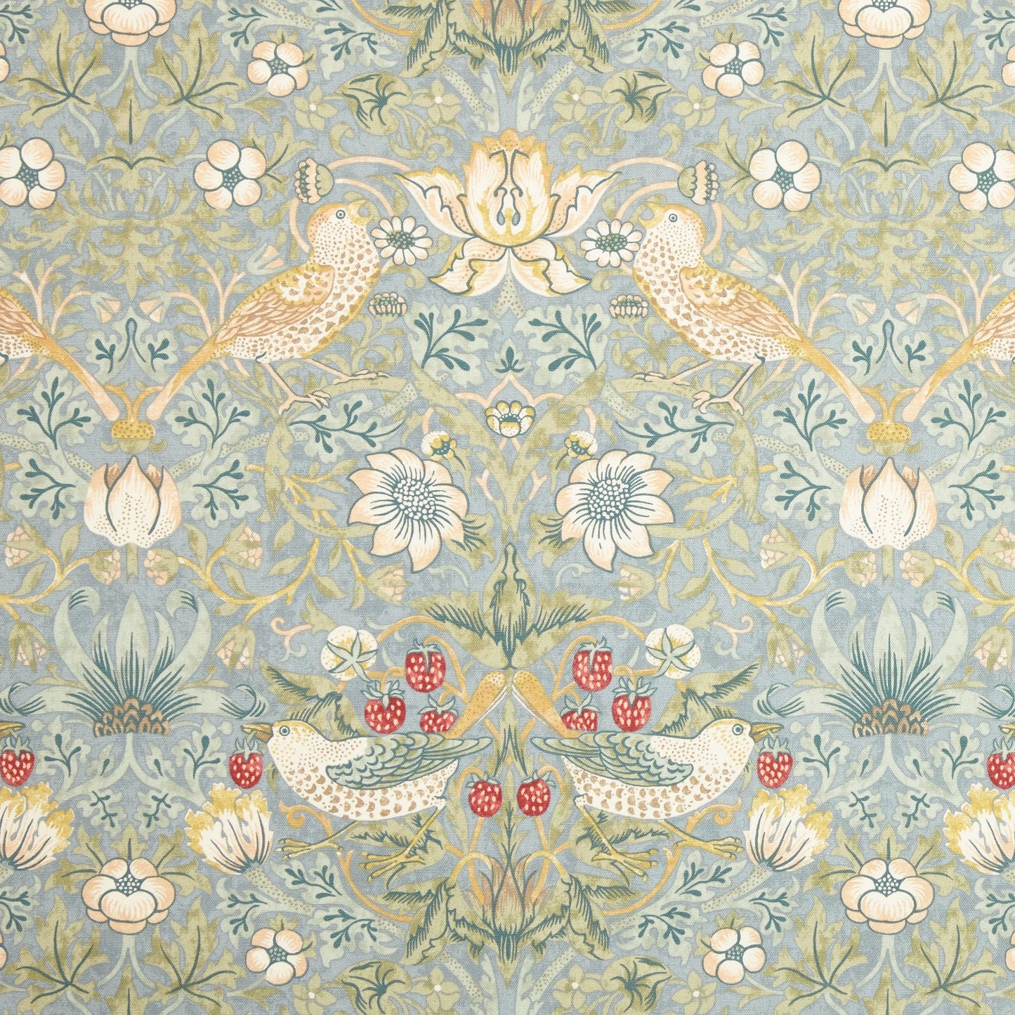 Morris & Co. Strawberry Thief Pair Lined Pencil Pleat Curtains, Duck Egg, W228 x Drop 274cm