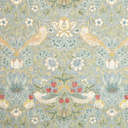 Morris & Co. Strawberry Thief Pair Lined Pencil Pleat Curtains, Duck Egg, W228 x Drop 274cm