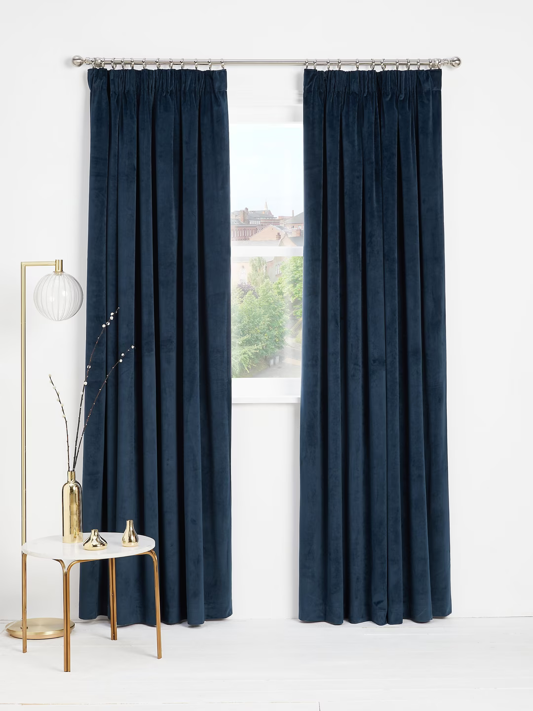 John Lewis Velvet Pair Lined Pencil Pleat Curtains, Navy, W228 x Drop 274cm