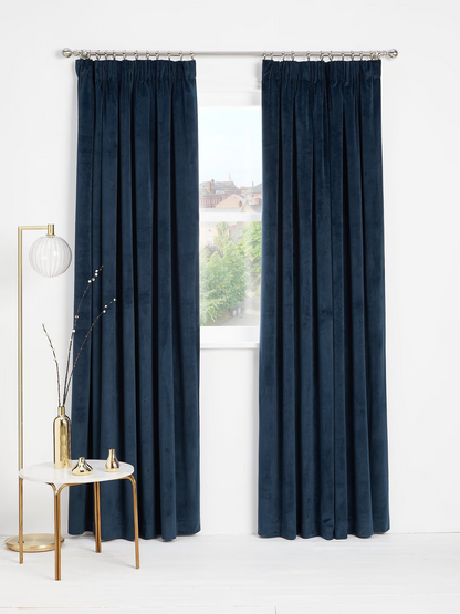 John Lewis Velvet Pair Lined Pencil Pleat Curtains, Navy, W228 x Drop 274cm