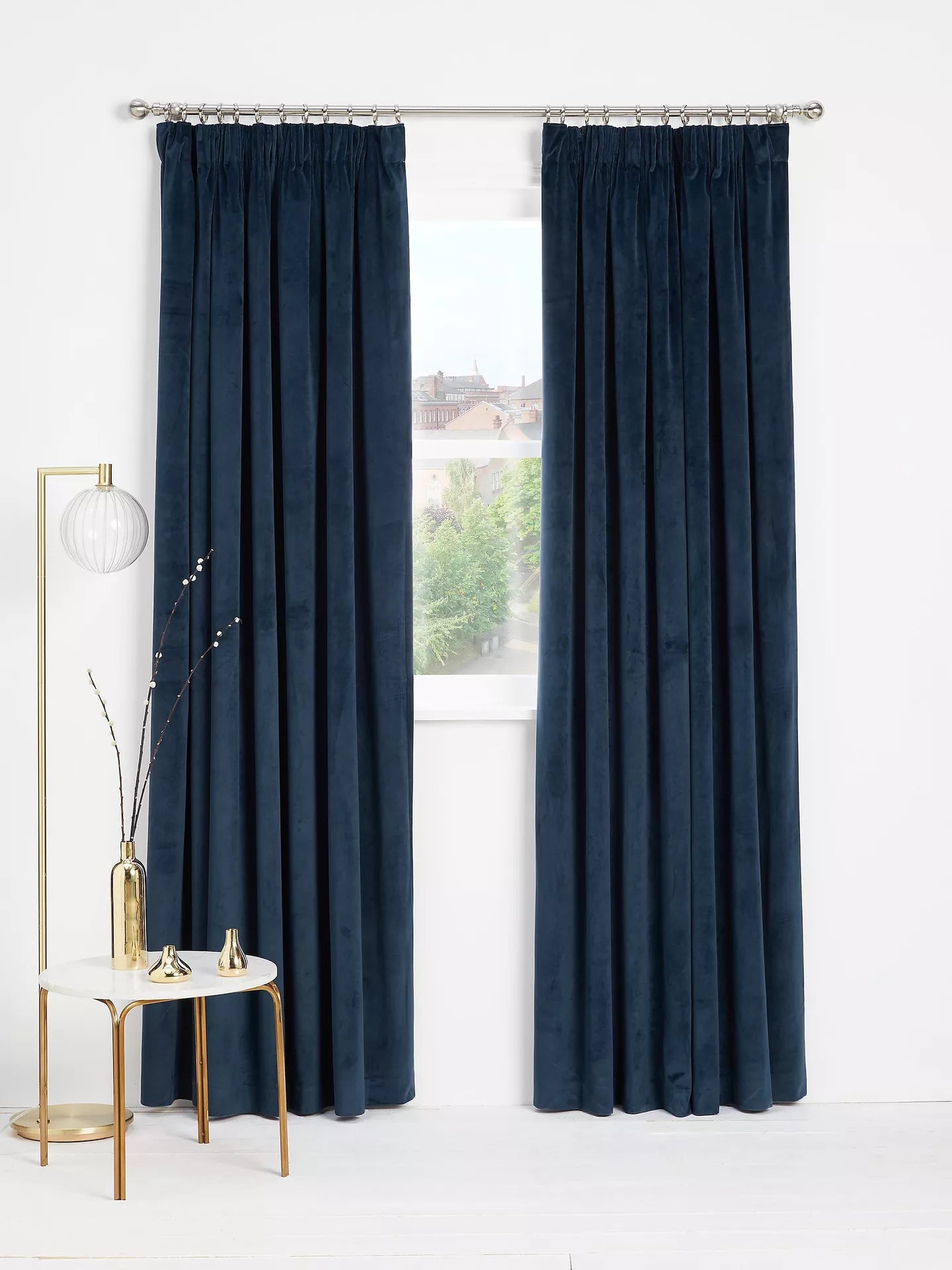 John Lewis Velvet Pair Lined Pencil Pleat Curtains, Navy, W228 x Drop 274cm