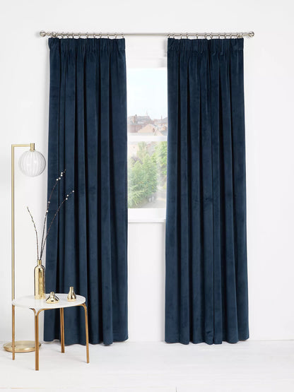 John Lewis Velvet Pair Lined Pencil Pleat Curtains, Navy, W228 x Drop 274cm