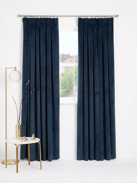John Lewis Velvet Pair Lined Pencil Pleat Curtains, Navy, W228 x Drop 274cm