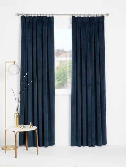John Lewis Velvet Pair Lined Pencil Pleat Curtains, Navy, W228 x Drop 274cm