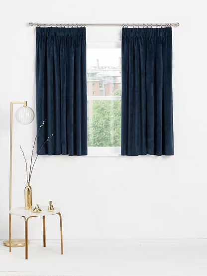 John Lewis Velvet Pair Lined Pencil Pleat Curtains, Navy, W228 x Drop 274cm