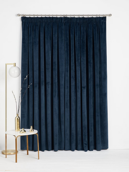 John Lewis Velvet Pair Lined Pencil Pleat Curtains, Navy, W228 x Drop 274cm