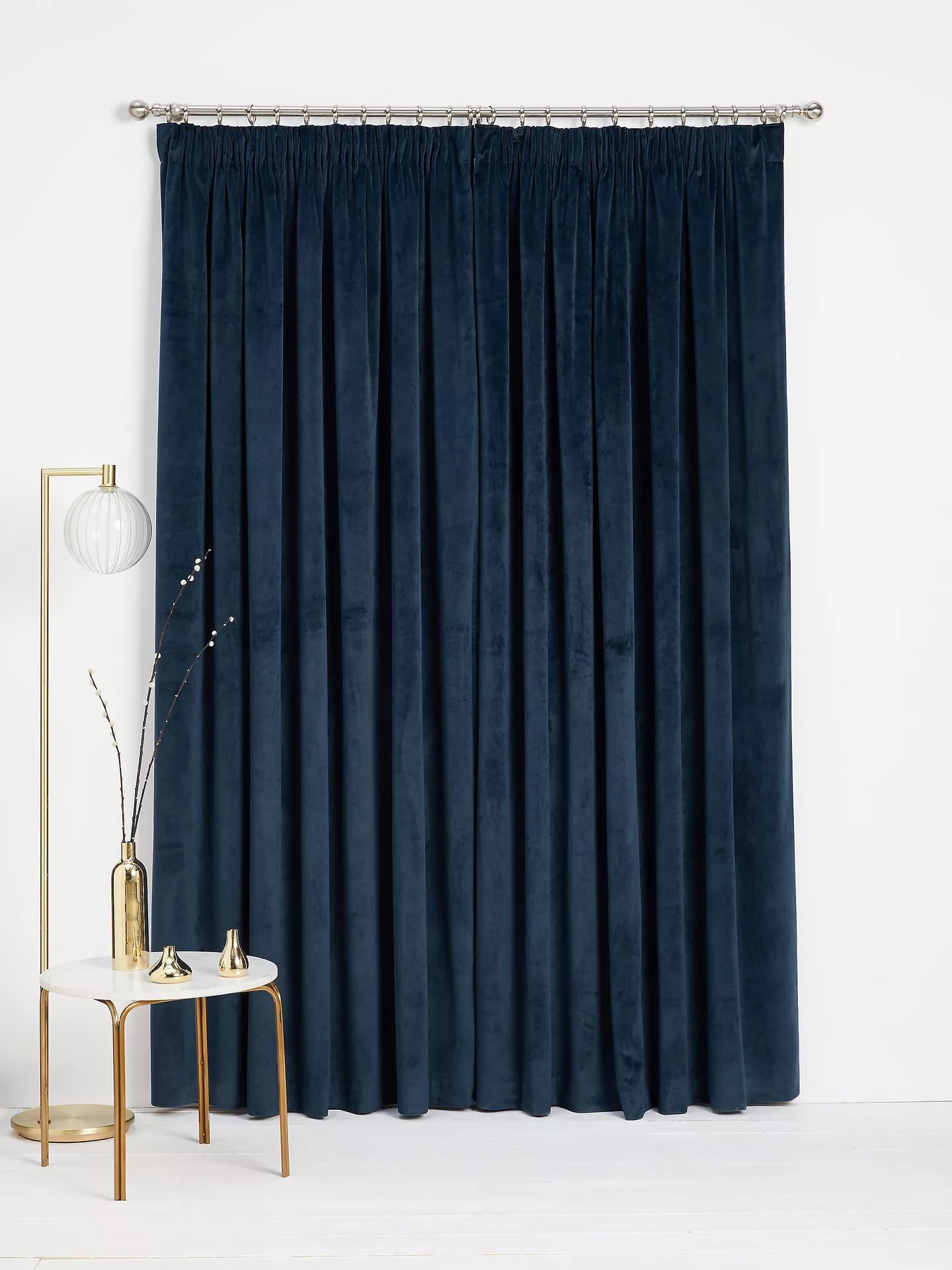 John Lewis Velvet Pair Lined Pencil Pleat Curtains, Navy, W228 x Drop 274cm