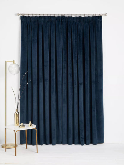 John Lewis Velvet Pair Lined Pencil Pleat Curtains, Navy, W228 x Drop 274cm