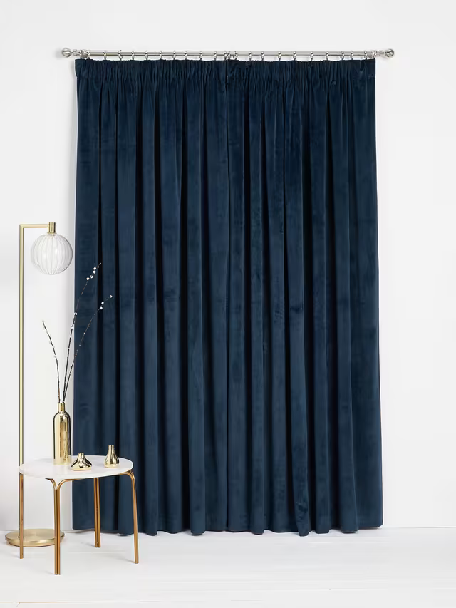 John Lewis Velvet Pair Lined Pencil Pleat Curtains, Navy, W228 x Drop 274cm