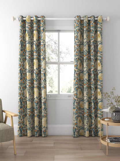 Morris & Co. Pimpernel Pair Thermal Lined Eyelet Curtains, Teal, W228 x Drop 228