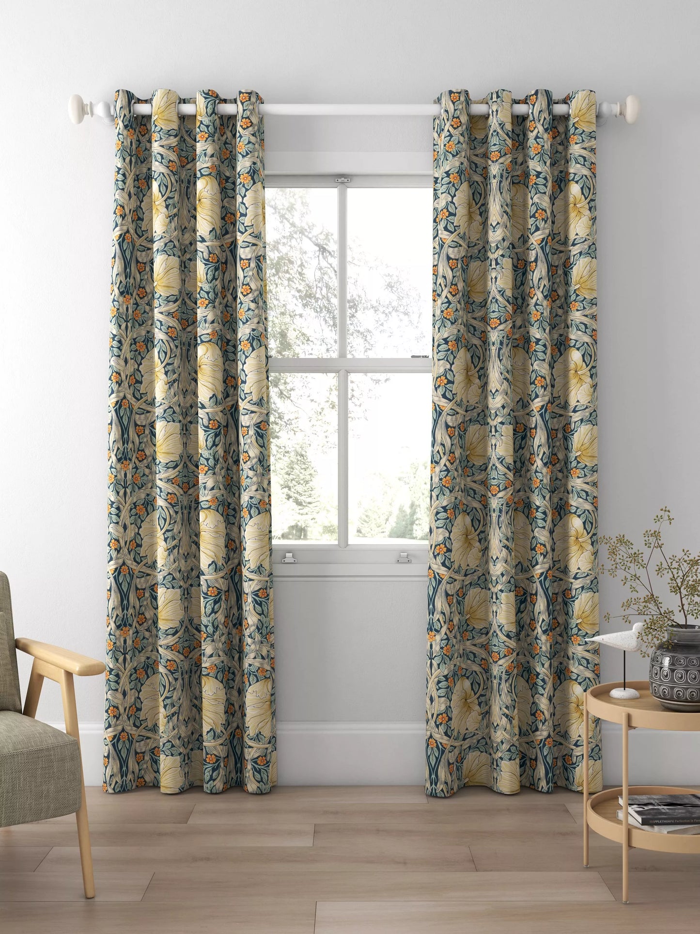 Morris & Co. Pimpernel Pair Thermal Lined Eyelet Curtains, Teal, W228 x Drop 228