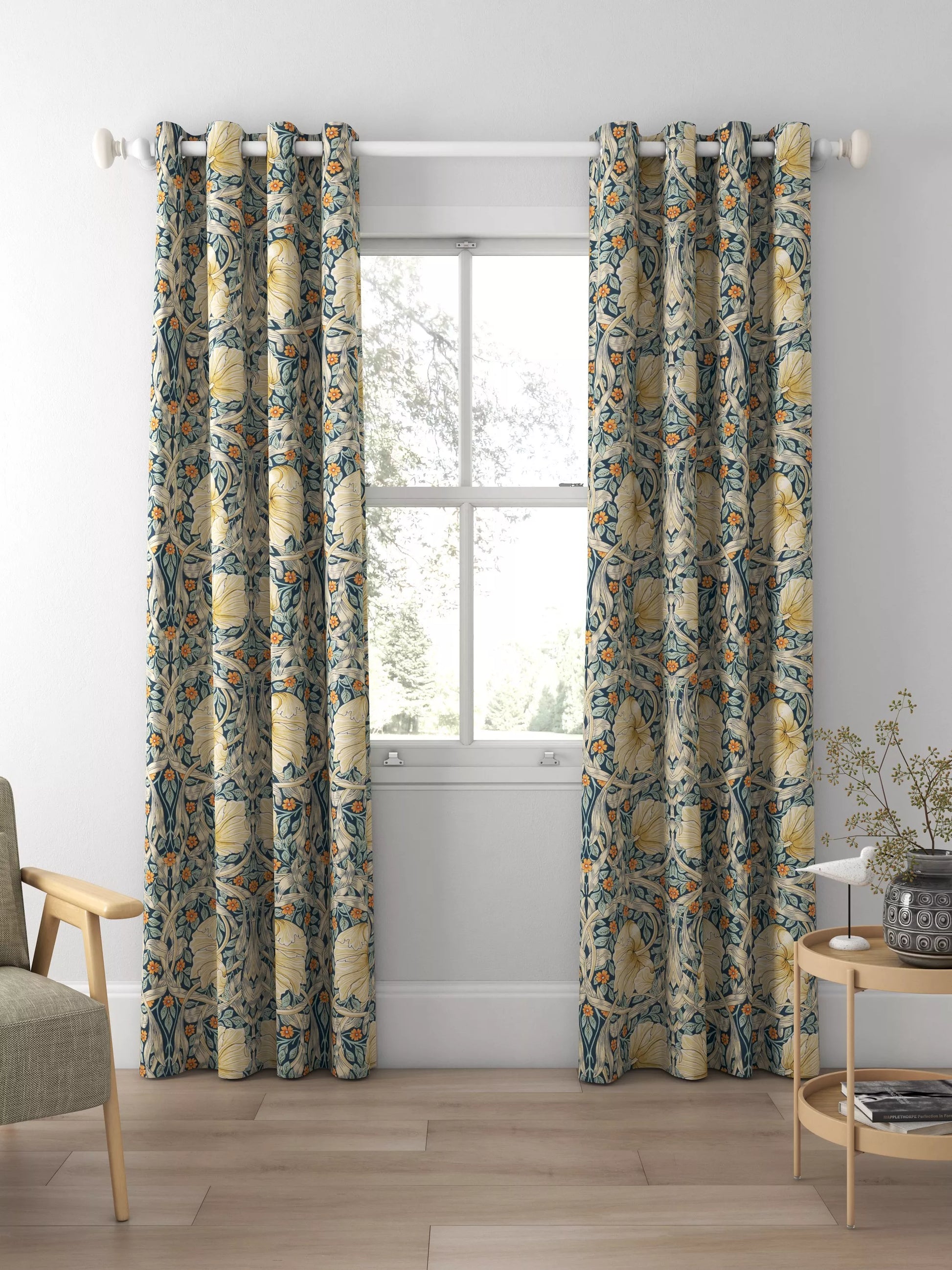 Morris & Co. Pimpernel Pair Thermal Lined Eyelet Curtains, Teal, W228 x Drop 228