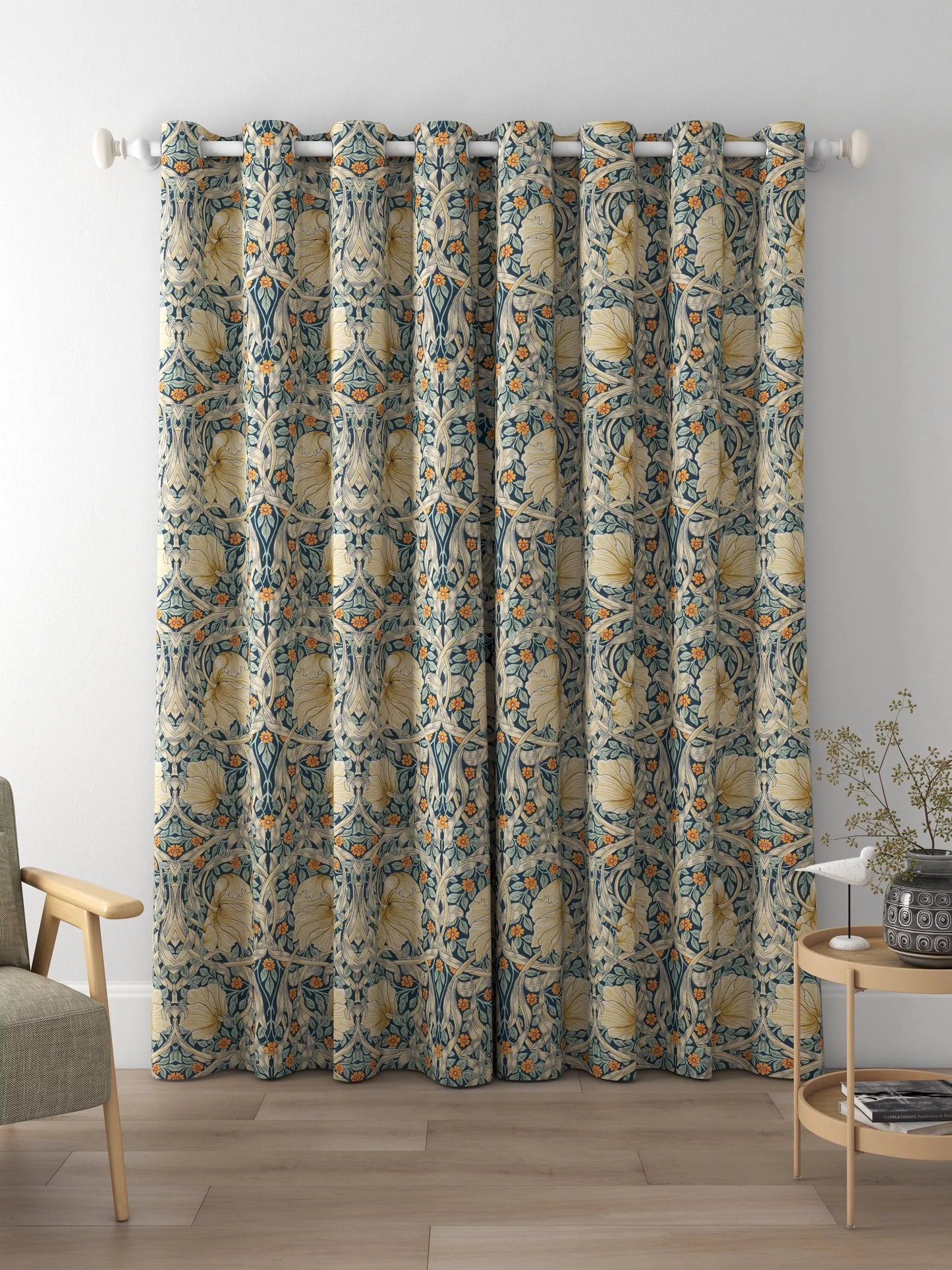 Morris & Co. Pimpernel Pair Thermal Lined Eyelet Curtains, Teal, W228 x Drop 228
