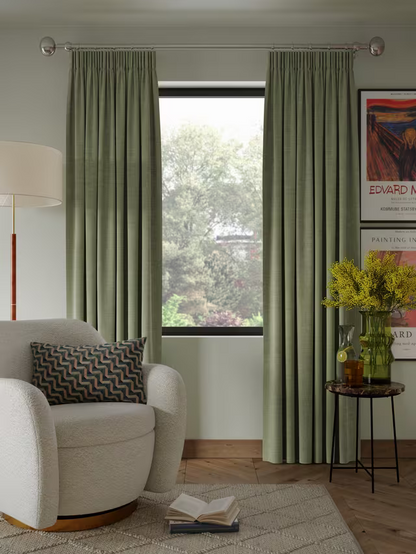 John Lewis Textured Weave Pair Blackout Lined Pencil Pleat Curtains, Sage, W228 x 182
