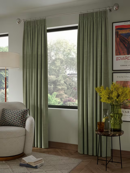 John Lewis Textured Weave Pair Blackout Lined Pencil Pleat Curtains, Sage, W228 x 182