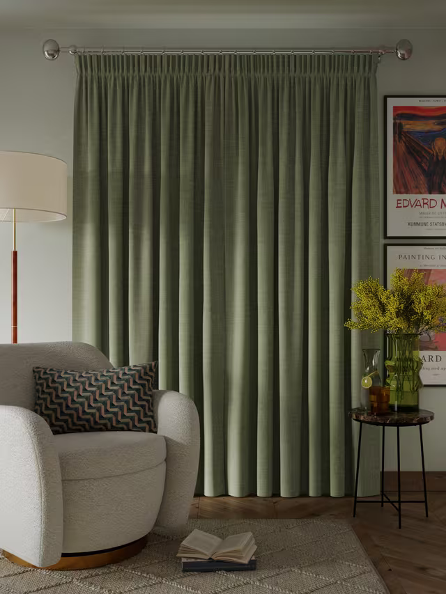 John Lewis Textured Weave Pair Blackout Lined Pencil Pleat Curtains, Sage, W228 x 182