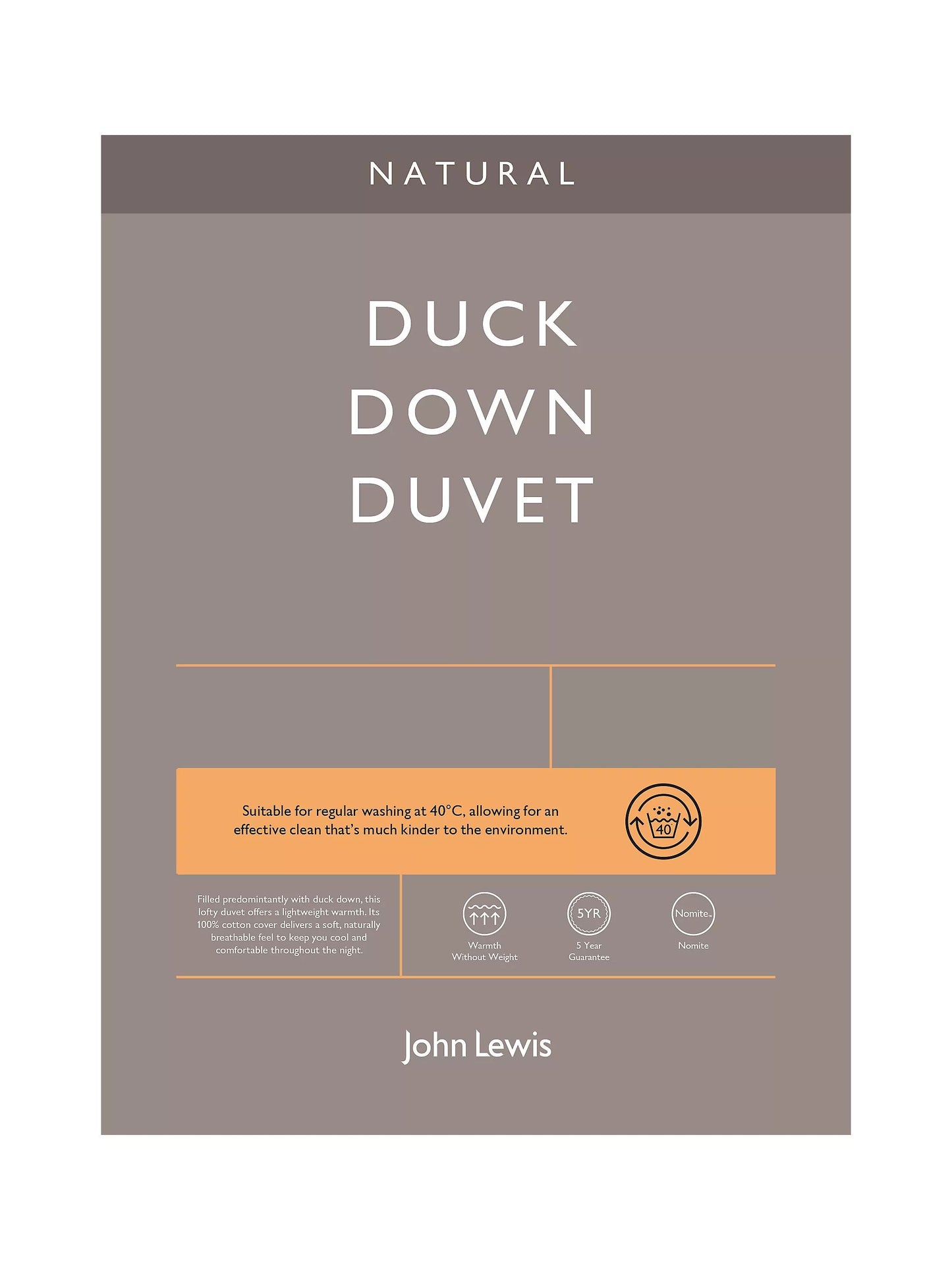 John Lewis Natural Duck Down 60/40 Duvet, 4.5 Tog, King Size, 225 x 220cm, White