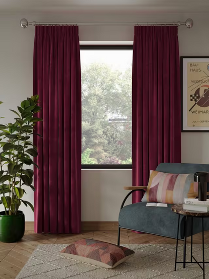 John Lewis Velvet Pair Lined Pencil Pleat Curtains, Damson, W167 x Drop 228cm
