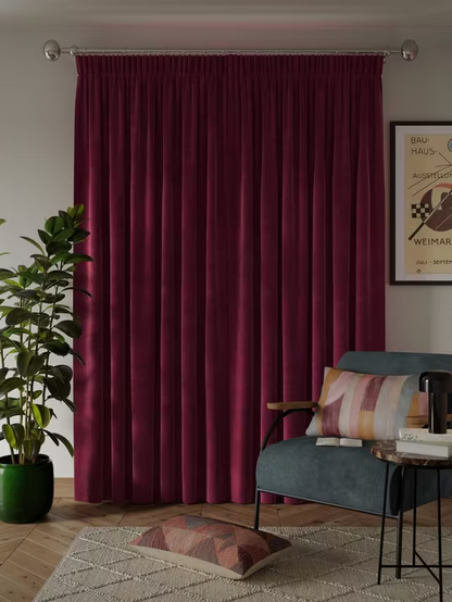 John Lewis Velvet Pair Lined Pencil Pleat Curtains, Damson, W167 x Drop 228cm