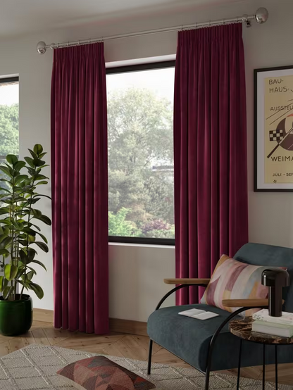 John Lewis Velvet Pair Lined Pencil Pleat Curtains, Damson, W167 x Drop 228cm