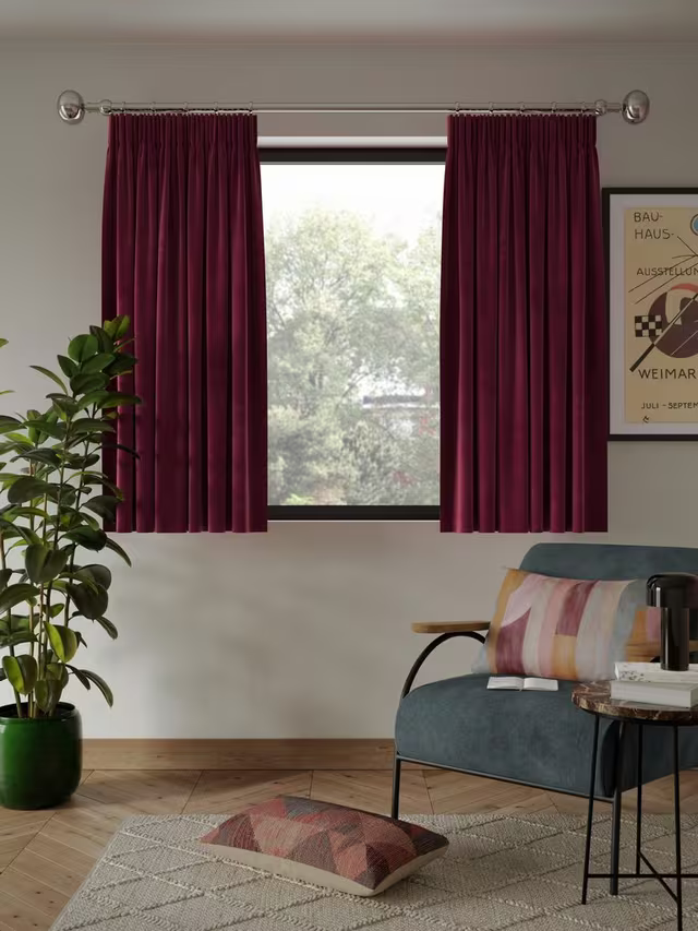 John Lewis Velvet Pair Lined Pencil Pleat Curtains, Damson, W167 x Drop 228cm