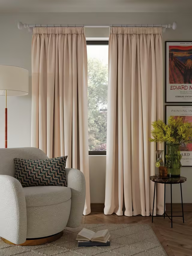 John Lewis Textured Weave Pair Blackout Lined Pencil Pleat Curtains, Putty, W228 x Drop 182cm