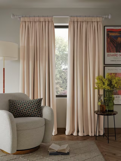 John Lewis Textured Weave Pair Blackout Lined Pencil Pleat Curtains, Putty, W228 x Drop 182cm