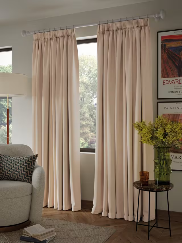 John Lewis Textured Weave Pair Blackout Lined Pencil Pleat Curtains, Putty, W228 x Drop 182cm