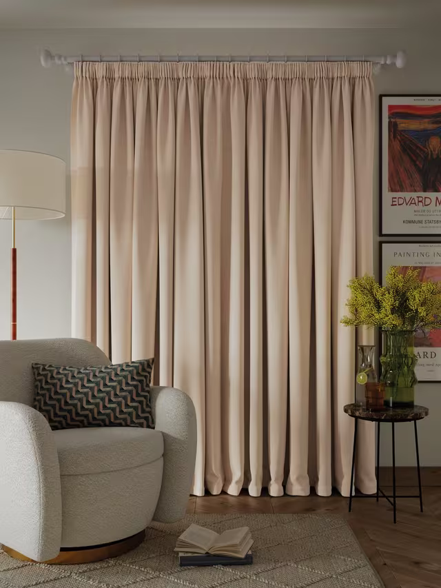 John Lewis Textured Weave Pair Blackout Lined Pencil Pleat Curtains, Putty, W228 x Drop 182cm