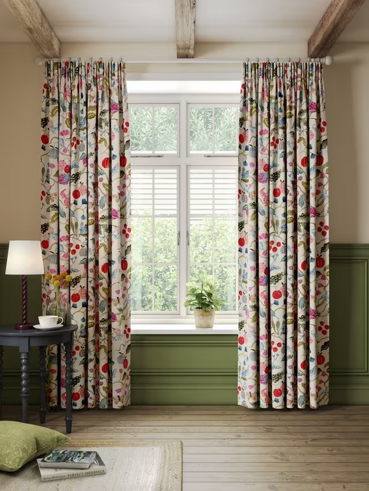 John Lewis Fruit Tree Print Pencil Pleat Pair Blackout Lined Curtains, Multi, W167 x Drop 182cm