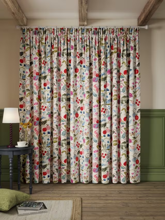 John Lewis Fruit Tree Print Pencil Pleat Pair Blackout Lined Curtains, Multi, W167 x Drop 182cm