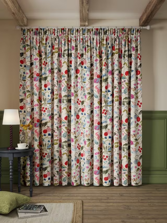 John Lewis Fruit Tree Print Pencil Pleat Pair Blackout Lined Curtains, Multi, W228 x Drop 137cm