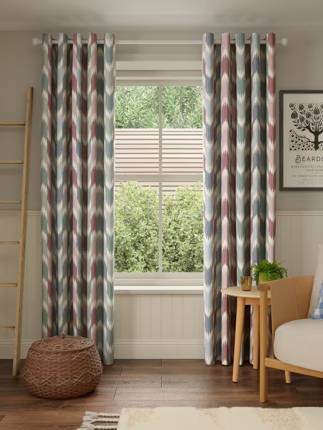 John Lewis Valle Ikat Print Pair Lined Eyelet Curtains, Deep Red, W228 x Drop 182cm