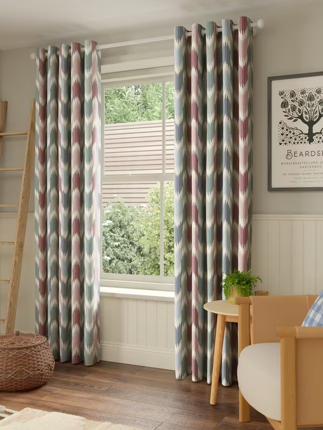 John Lewis Valle Ikat Print Pair Lined Eyelet Curtains, Deep Red, W228 x Drop 182cm