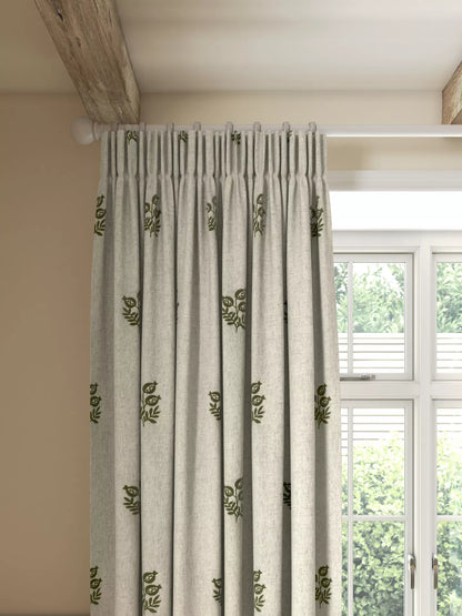 John Lewis Ariana Embroidered Pair Lined Pencil Pleat Curtains, Dark Olive, W167