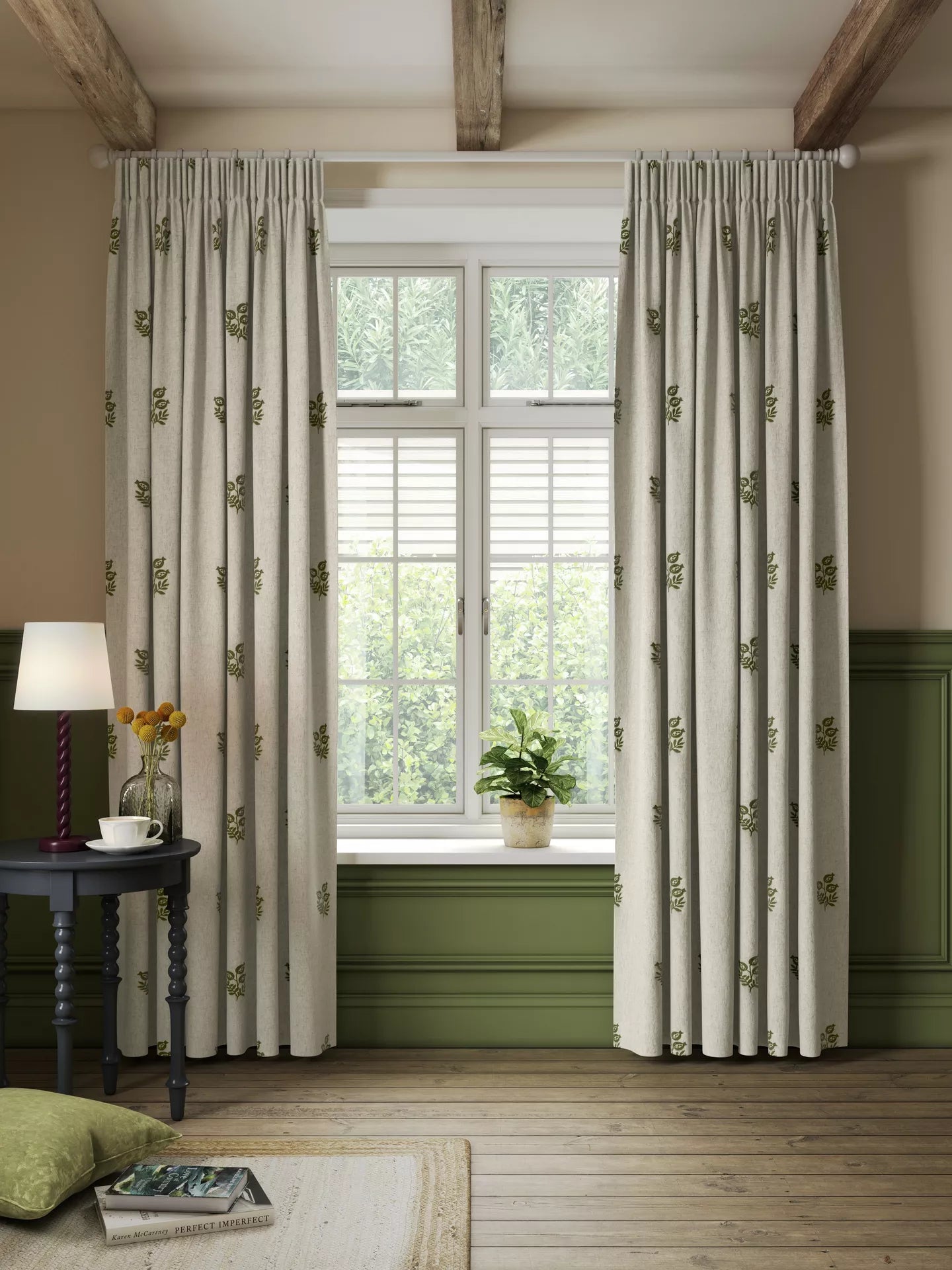 John Lewis Ariana Embroidered Pair Lined Pencil Pleat Curtains, Dark Olive, W167