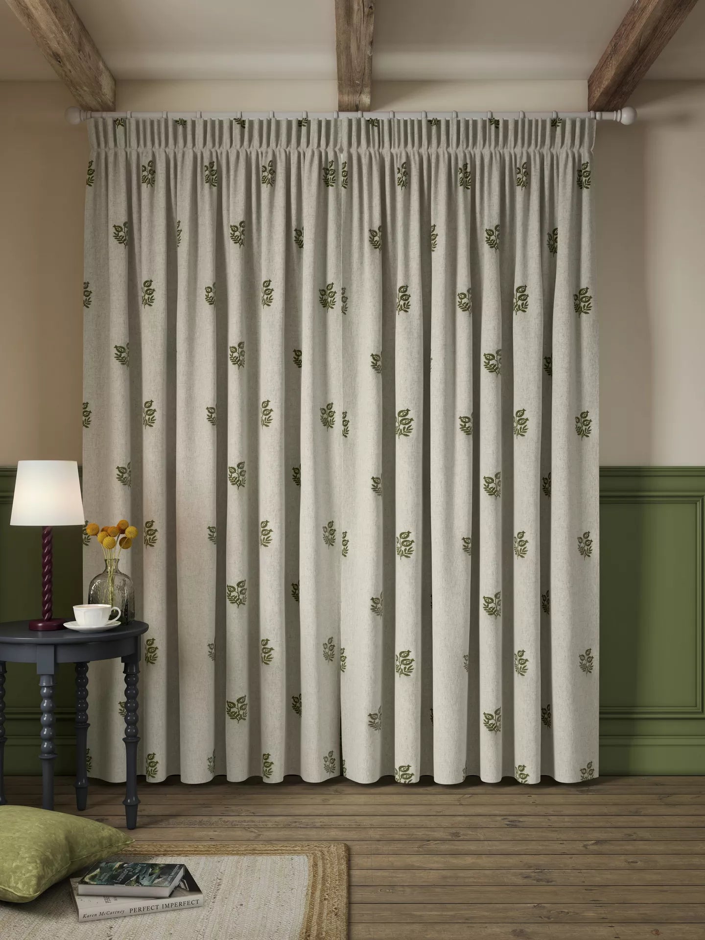 John Lewis Ariana Embroidered Pair Lined Pencil Pleat Curtains, Dark Olive, W167