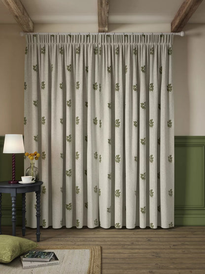 John Lewis Ariana Embroidered Pair Lined Pencil Pleat Curtains, Dark Olive, W167