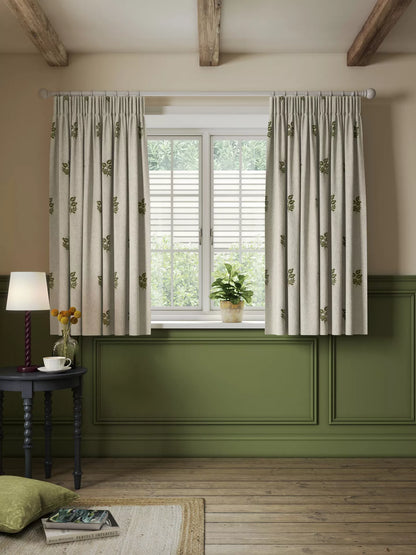 John Lewis Ariana Embroidered Pair Lined Pencil Pleat Curtains, Dark Olive, W167