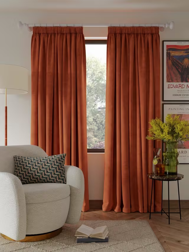 John Lewis Velvet Pair Lined Pencil Pleat Curtains, Sienna, W167 x Drop 182cm