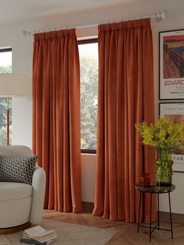 John Lewis Velvet Pair Lined Pencil Pleat Curtains, Sienna, W167 x Drop 274cm
