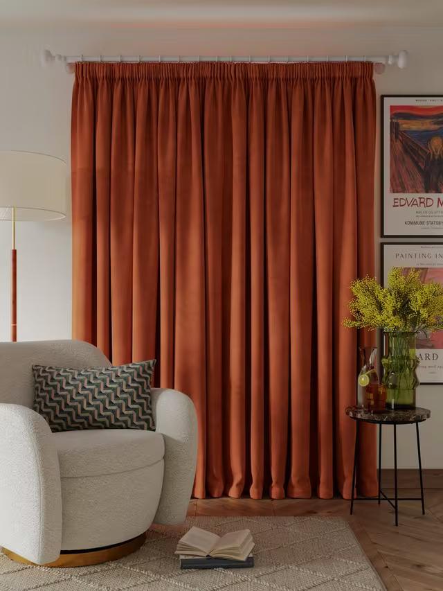 John Lewis Velvet Pair Lined Pencil Pleat Curtains, Sienna, W167 x Drop 182cm