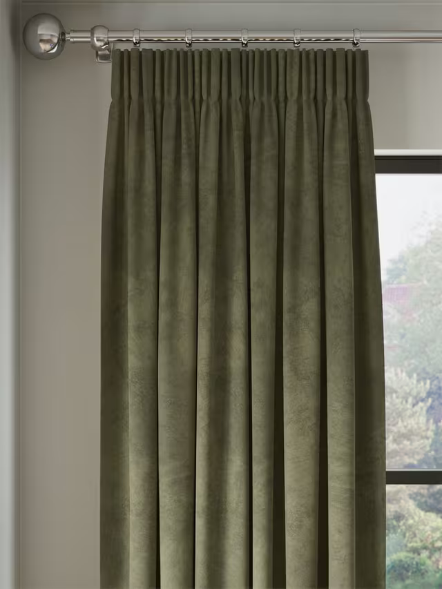 John Lewis Velvet Pair Lined Pencil Pleat Curtains, Khaki Green, W167 x Drop 228cm